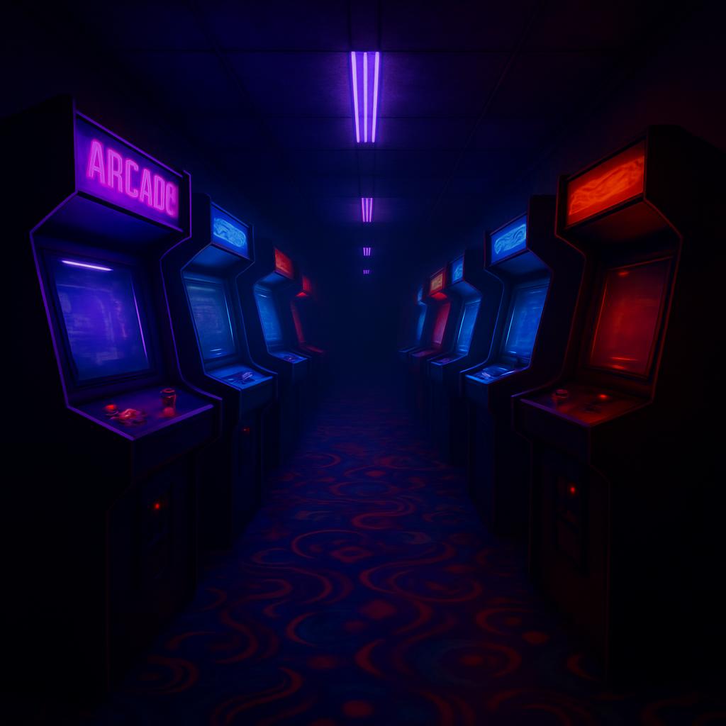 Arcade anos 80 com máquinas de fliperama e luz neon