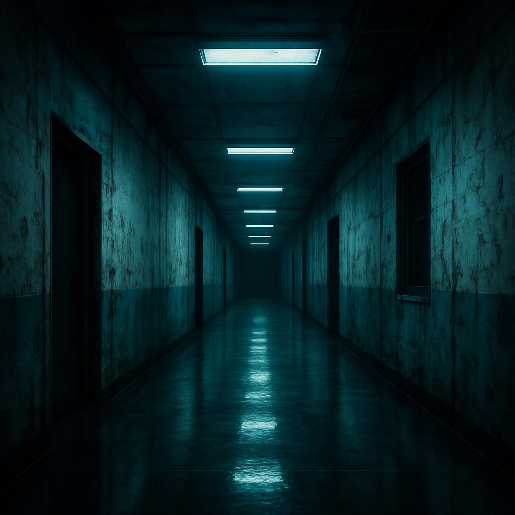 Corredor de laboratório sombrio com luzes frias